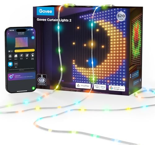 Govee Curtain Lights, Smart LED Curtain with DIY GIF, RGBIC Color Chaning Wall Lights for Bedroom Window Backdrop Dynamic Christmas Decor, 520 LEDs, 5×6.6ft