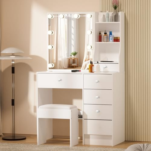Saimeihome Vanity Desk with LED Mirror, Dressing Table with 3 Light Colors and Adjustable Brightness, Vanity Table with Stool, 6 Drawers, 3 Open and 3 Hidden Shelves– 80x36x131 cm