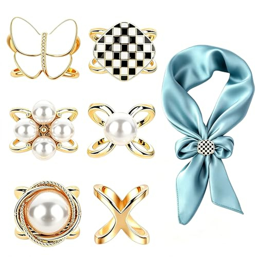 6 Pcs Shiny Pearl Scarf Ring Simple Style Scarf Clip Fashionable Scarf Buckle Clothes Corner Knotted Button for Women Girls Decorative