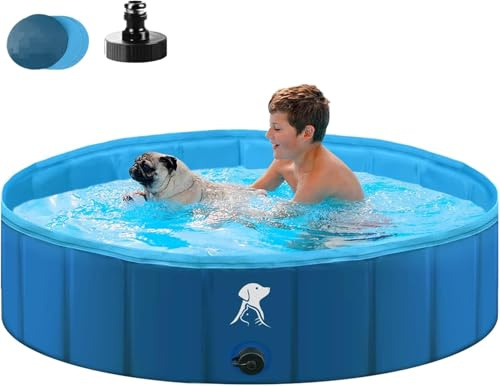 Fwiull Hundpool för stora och små hundar, vikbar hundplaskdamm 140 x 30 cm hundbadkar stabil pool husdjur barn pool halkfri bärbar blå