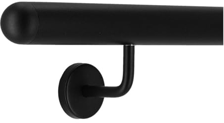 TIBU Pasamanos de aluminio negro 30-600 cm pasamanos de pared escalera soporte de acero inoxidable en ángulo, longitud 140 cm con 2 soportes y tapa semicircular