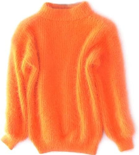 Pull en angora pour femme en mélange angora et cachemire, ample et chaud, col rond, tricot, col roulé, Orange, Taille unique