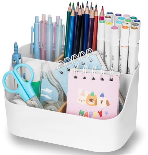 RISEMART Schreibtisch Organizer Weiß，Multifunktionaler Büro Stiftehalter mit 5 Fächern,Tisch Abnehmbar Schreibtischorganizer für Kosmetika Schreibwaren Alltagsgegenstände
