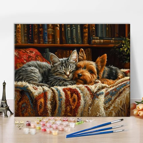 TISHIRON Katze Malen nach Zahlen für Erwachsene - Malen nach Zahlen auf Leinwand, Hund Ölgemälde für Zuhause Wanddekoration, DIY Malen nach Zahlen Kits 40 x 50 cm(rahmenlose)