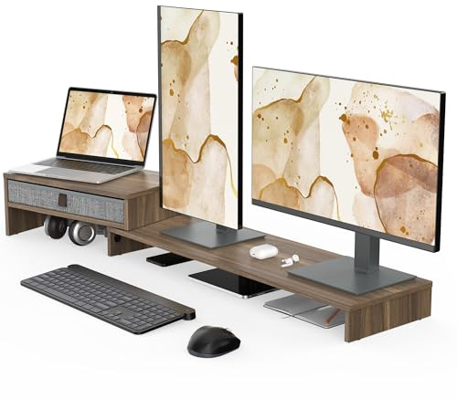 Fenge Réhausseur d'Écran en Bois,Support de Moniteur Réglable,Support d'Ordinateur Portable,PC,TV,Imprimante - pour 2 Moniteurs - avec Tiroir de Stockage,78,3–113 x 23,5 x 7,3 cm (Marron)