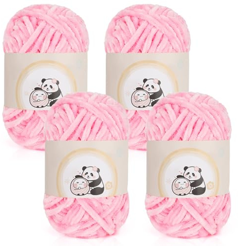 Aeelike 400g(4 x 100g) Chenille Babywolle zum Stricken, Weich Chunky Chenille Fluffy Yarn, Flauschige Samt Velvet Chenille Wolle zum Häkeln, Warme Plüschwolle für Mützen, Schals, Decken, Hellrosa