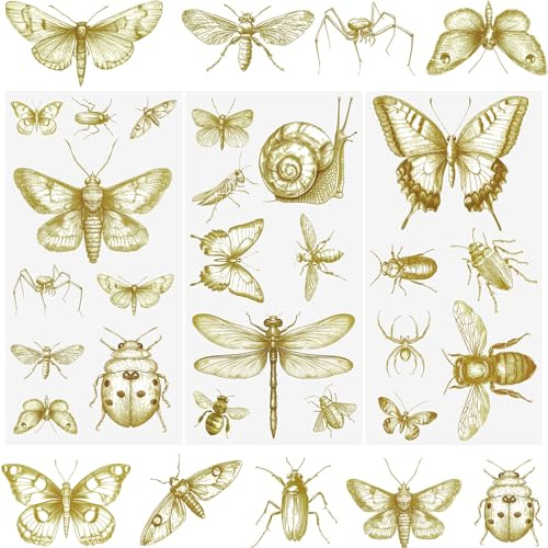 WANDIC 3 Bögen Golden Rub on Sticker, Insekten Möbel Aufkleber, Europäischer Stil, Wasserdicht, Junk Journal Handarbeiten Dekor für Fotoalbum und Scrapbook, 15x30cm