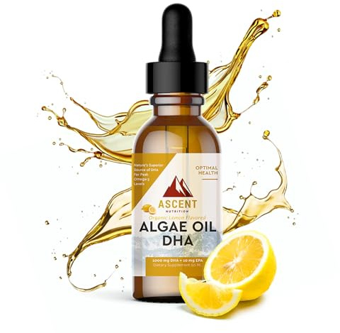 Ascent Nutrition Algae Oil DHA Omega-3's | Vegan and Vegetarian | 1000 mg DHA and 10 mg EPA | Organic Lemon Flavor | 60ml
