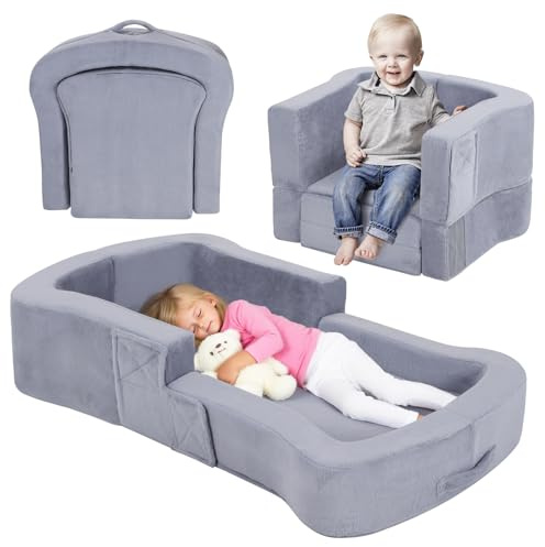 Portable Toddler Travel Bed, 2-in-1 Foldable Toddler Bed Sofa Chair, Soft Baby Kids Travel Floor Cot with Washable Covers Safety Foam Raised Bumper for Grandma's House Road Trips Camping Hotel