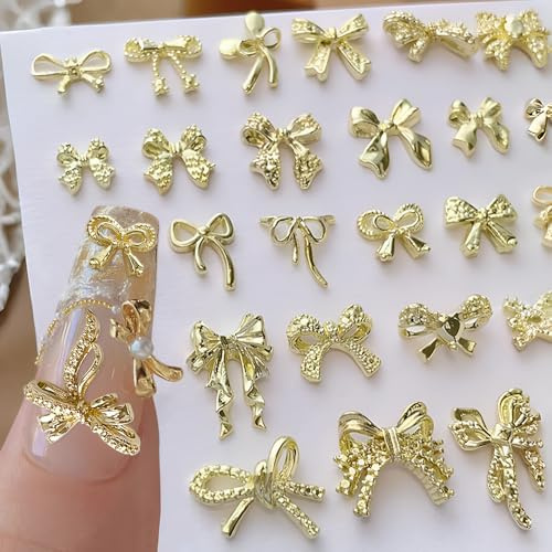 34 Stück Metall Bow Nail Charms Gold 3D Süß Schleifen Für Nägel Charms Nagelschmuck Verschiedene Formen Französisch Schleife Nails Charm Kawaii Ästhetisch Bogen Nageldesign Nagel Zubehör Nailart