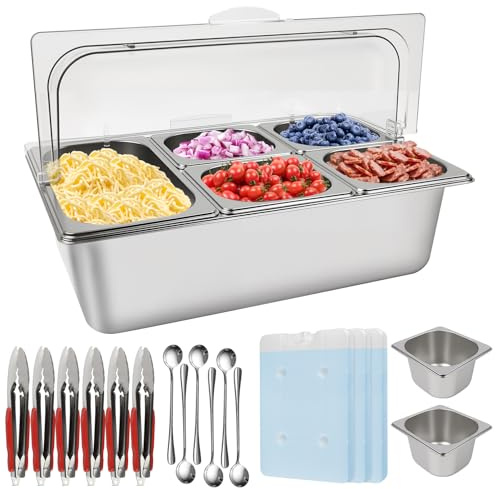 Kalolary Estación de pizza, 7 sartenes, organizador de especias de acero inoxidable, barra de ensalada, estación de buffet con cucharas, cajas frigoríficas, juego de recipientes para salsas