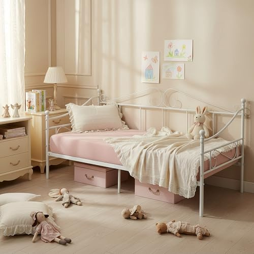 Daybed Outdoor Sofa Bett Bettgestell für 90x190CM Matratze, Familienbett Gästebett Metallbett Couchbett Sofabed Tagesbett Jugendbett Einzelbett für Schlafzimmer Wohnzimmer Veranda Hinterhof/Weiß