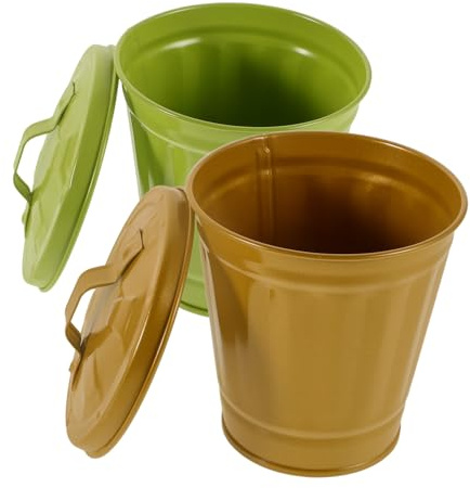 Hemobllo Mini Bidone della Spazzatura in Ferro con Coperchio, Cestino per Scrivania Piccola, Set 2 Pezzi Verde e Giallo per Soggiorno, Camera da Letto e Ufficio, Vaso Multifunzione