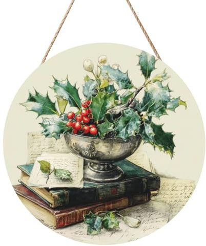 Cartello di benvenuto in legno con agrifoglio vischio in una ciotola antica, per porta d'ingresso, 30 cm, rotondo, da appendere, decorazione per casa colonica