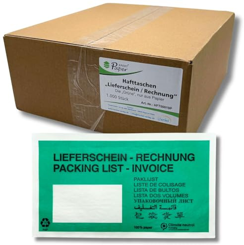 PaperXpert Dokumententaschen aus Papier x 1000 | Grün | 100% Papier | DIN-lang | Lieferschein/Rechnung | Hafttaschen | Premium Markenqualität – Made in Germany