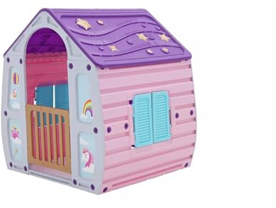 Magic Unicorn Playhouse, Kids Indoor Outdoor Plastic Playhouse with Purple Roof, Pink Walls, Turquoise Shutters, Rainbow and Star Decorations
