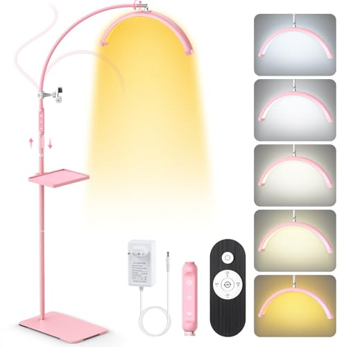 Adonafy LED Halbmond Wimpern Lampe: Faltbar Wimpernverlängerung Lampe mit 5 Dimmbaren Farben & Drehbar 360° - Verstellbar Wimpernlampe für Make-up Artists, Tätowierer, Salon, Zuhause, Rosa