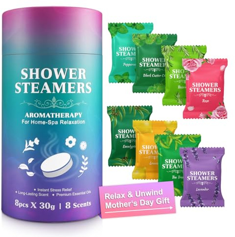 Shower Steamers Aromatherapy 8 Pack for Her Him, 8 Scents Bath Bombs with Natural Essential Oils for Spa Self Care, for Her “Me Time”, Stress Relief and Relaxation, Fizzy Bath Treats, Fizzy Aroma
