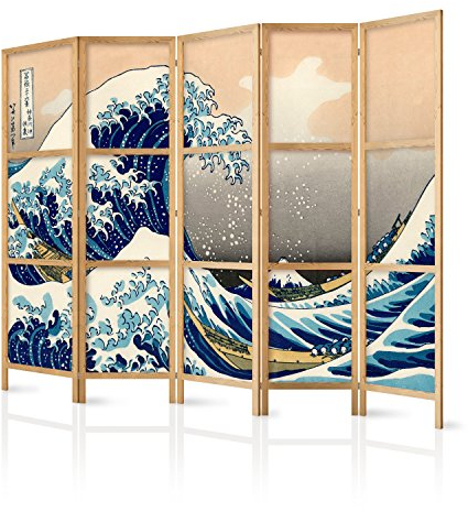 murando - Paravent Innen Raumteiler Holz die große Welle vor Kanagawa 225x172 cm 5-teilig Japanische Trennwand Raumtrenner Room Divider Mobiler Sichtschutz Spanische Wand Abtrennung p-B-0025-z-c