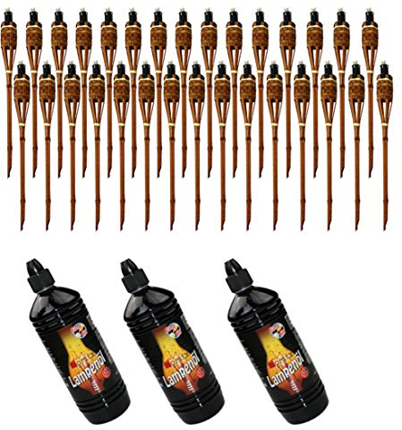 Moritz 30x Bambusfackeln Fackel Deluxe 90 cm Dunkelbraun + 3X 1000ml Lampenöl Gartenfackel Ölfackeln Garten Deko Öllampe Wegleuchte