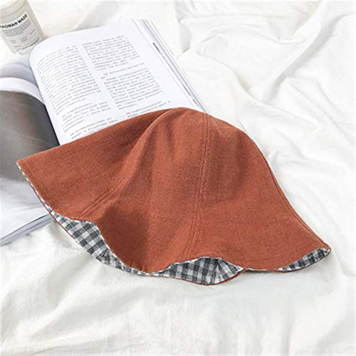 N/A Hat Distaff Summer Hat Japanese Small Fresh Wild Solid Colouration Plaid Double-Sided Folding Shade Pots Cap Influx of Students (Color : Caramel Color, Size : M 56-58cm)