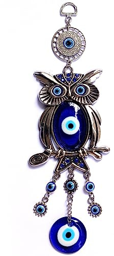 Blue Evil Eye Owl Wall Hanging Ornament Glass Alloy | Indoor Decoration for Housewarming Parties, Beautiful Artistic Design, Boys and Girls and Baby Use