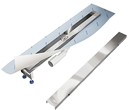 Aquabad Duschrinne SDS Premium aus poliertem V2A Edelstahl, Länge 80 cm, waagerechter Abgang Mitte, Komplett Set mit Blende: Bord, Siphon und Haarsieb