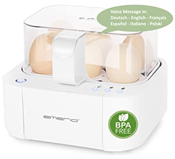EMERIO excelente y único cocedor de huevos cocina los tres niveles de cocción [suave|medio|duro] en un solo proceso de cocción con resultados perfectos y salida de voz multilingüe en DE EN FR ES IT PL