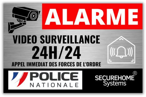 SecureHome Systems - Lot de 8 autocollants effet alu dissuasifs vol - Alarme + logo Police - Haute qualité, résistance pluie et UV - 8,5x5,5cm