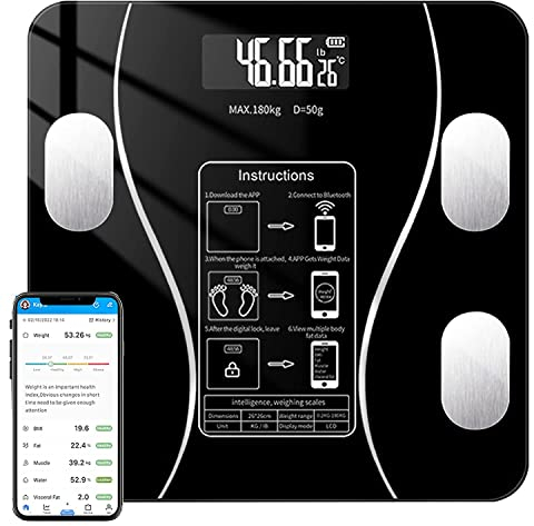 Körperfettwaage mit Bluetooth, Smart Digital Personenwaagen, BMI Körperwaage mit Auto Kalibrierung, USB Wiederaufladbare Körperanalysewaage (Schwarz)
