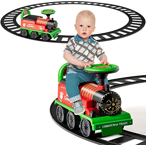 COSTWAY 6V Kinder Elektroauto, Elektro Zug mit Bahn, Musik, Lichter, Stauraum & einziehbaren Fußpedalen, Elektisches Kinderauto für Kinder ab 3 Jahren (Grün)