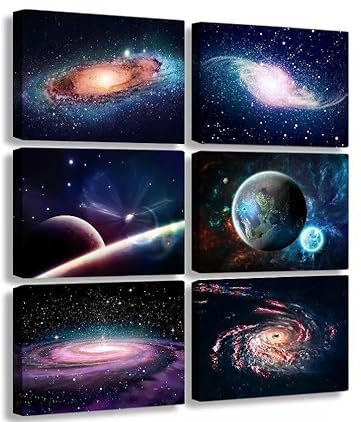 Universe Starry Sky Wall Art Canvas Decoration Painting，for Bedroom, Lvingroom, Bathroom Decor ，Posters for Kids, Boys or Girls Room ，Astronomy Picture Modern Artwork ，29x38cmx6pcs，Framed