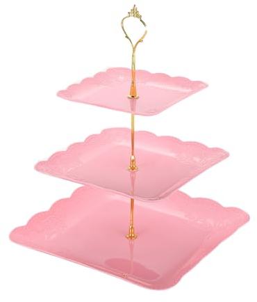 Spldsun Piatto Di Frutta A Tre Strati，Alzata Per Cupcake Quadrato A 3 Livelli, per Cibo da Dessert per Feste e Matrimoni Compleanno (Rosa)