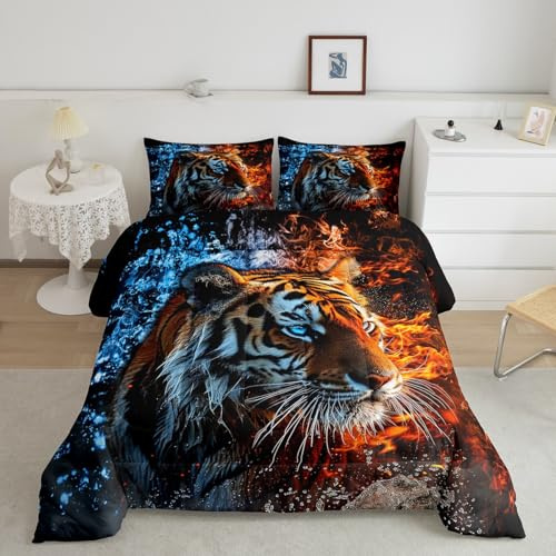 Homemissing Set con copripiumino con stampa 3D di tigre per ragazzi e ragazze, set da letto con stampa animalier per bambini, donne e uomini, ultra morbido, imbottitura in piuma di fuoco, copripiumino
