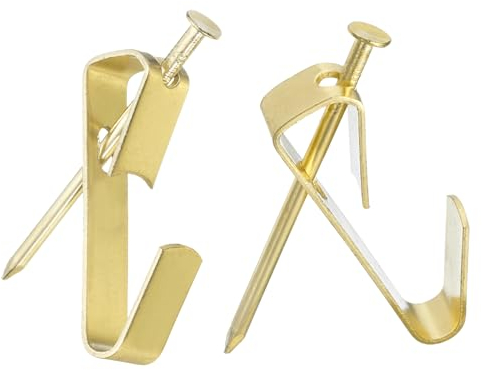 sourcing map 20Pcs Photo Frames Hanger Hooks, 100 Lb Frame Hooks with Nails Metal Wall Mount Album Picture Hanging Clips for Hanging, Clocks on The Wall, Gold
