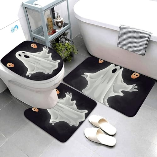 Bathroom Rug Set Of 3 Black And Halloween Ghost Print Anti Slip U Shape Wc Toilet Rug Soft Toilet Cushion Cozy 3 Pcs Bath Mats