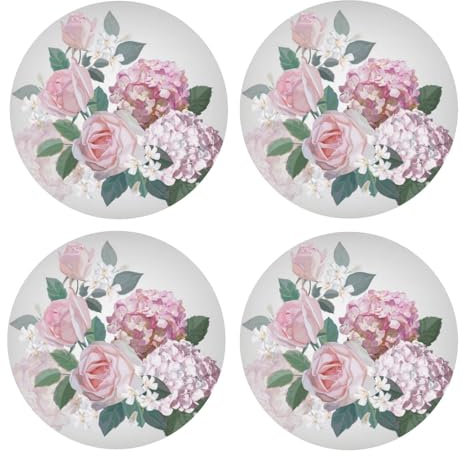Untersetzer, Motiv: Hortensien-Rose, Wasserbecher, rund, bedrucktes Muster, MDF, Kork-Untersetzer, 4 Stück, Kaffeetassenmatte, Öse