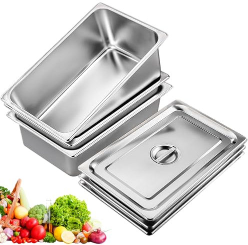 BORDEAG Set di 3 vaschette per pangrattato, contenitore GN 1/3 con coperchio, in acciaio inox, per braciole, contenitore Gastro, ideale per pangrattato, 32,5 x 17,5 x 6,5 cm (1/3)