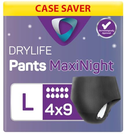 Drylife Pants Maxi Night Lot de 4 paquets de 9 culottes d'incontinence jetables unisexes – Absorption de 3000 ml, protection pendant la nuit, sécurité anti-fuite, matériau respirant – Taille L