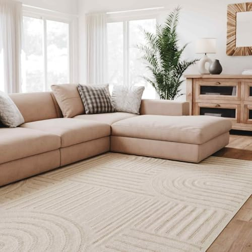Interiyou Tappeto salotto pelo corto Lecce - 140x200 cm Crema - Stile boho scandinavo con effetto 3D alto-basso - Piatto con motivo geometrico