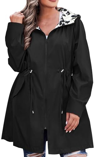 AOVDE Women's Rain Jacket Plus Size Reversible Raincoat Lightweight Windbreaker Waterproof Jackets with Hooded for Women Black 22