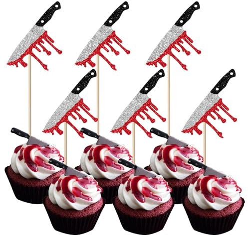 Xsstarmi Lot de 30 décorations de cupcakes en forme de couteau de sang pour Halloween, couteau « Have a Killer » - Décorations de gâteaux d'anniversaire sur le thème du couteau de sang