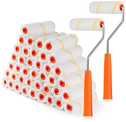 HANJKINZ Microfiber Paint Roller 4 Inch, 40 Pack Mini Paint Roller Covers, Small Paint Rollers for House Painting with Paint Roller Frame, Wall Painting Tool