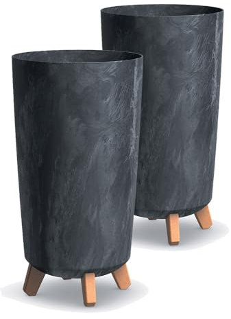 Tymar Grands pots de fleurs avec pieds, cache-pot, grand pot de fleurs, pot de fleurs mat, pot de plantes pour intérieur et extérieur ((2 packs) Béton Anthracite ; Hauteur 44,5 cm/ø 24 cm)