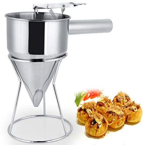Stainless Steel Octopus Balls Funnel, 8mm Hole Ergonomic Cupcakes Baking Pancake Batter Dispenser with Bracket for Kitchen