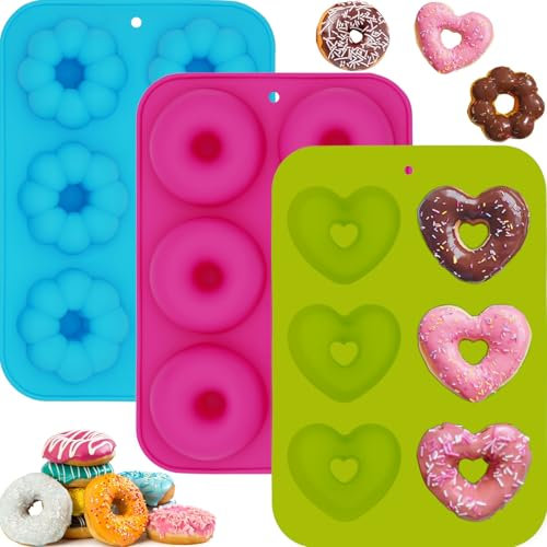 BGOBTY Donuts Backform,3 Stück Donut Maker,6 Hohlraum Donuts Backform,Herzform,Blütenblätter,Kreis,Silikon Antihaft Donut Formen,Lebkuchen Form,für Kuchen,Kekse,Bagels,Muffins