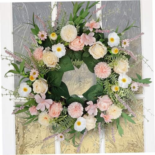 Spring Wreaths for Front Door, 45cm Artificial Rose Chrysanthemum Flower Wreath, Decorative Summer Floral Wreath for Door Wall Window Wedding Decorations