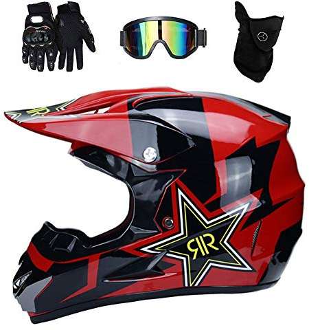 Juvenil Niño ATV Casco de Motocross, con Gafas Guantes Mascarilla, Unisex Integral Todoterreno Deportivo MTB Callejero Motocicleta Cascos, Descenso BMX Enduro Quad Dirt Bike Chocar Casco(Bright Black
