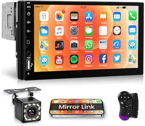 Rimoody Autoradio 1 Din avec Bluetooth iOS/Android Mirror Link 7 Pouces Autoradio Single Din avec Bluetooth Mains Libres FM Radio USB/AUX/TF Commande au Volant Caméra de recul
