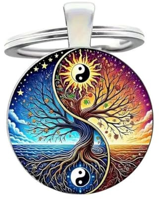 Llavero, joya de bolsa cabujón árbol de la vida y símbolo yin & yang.